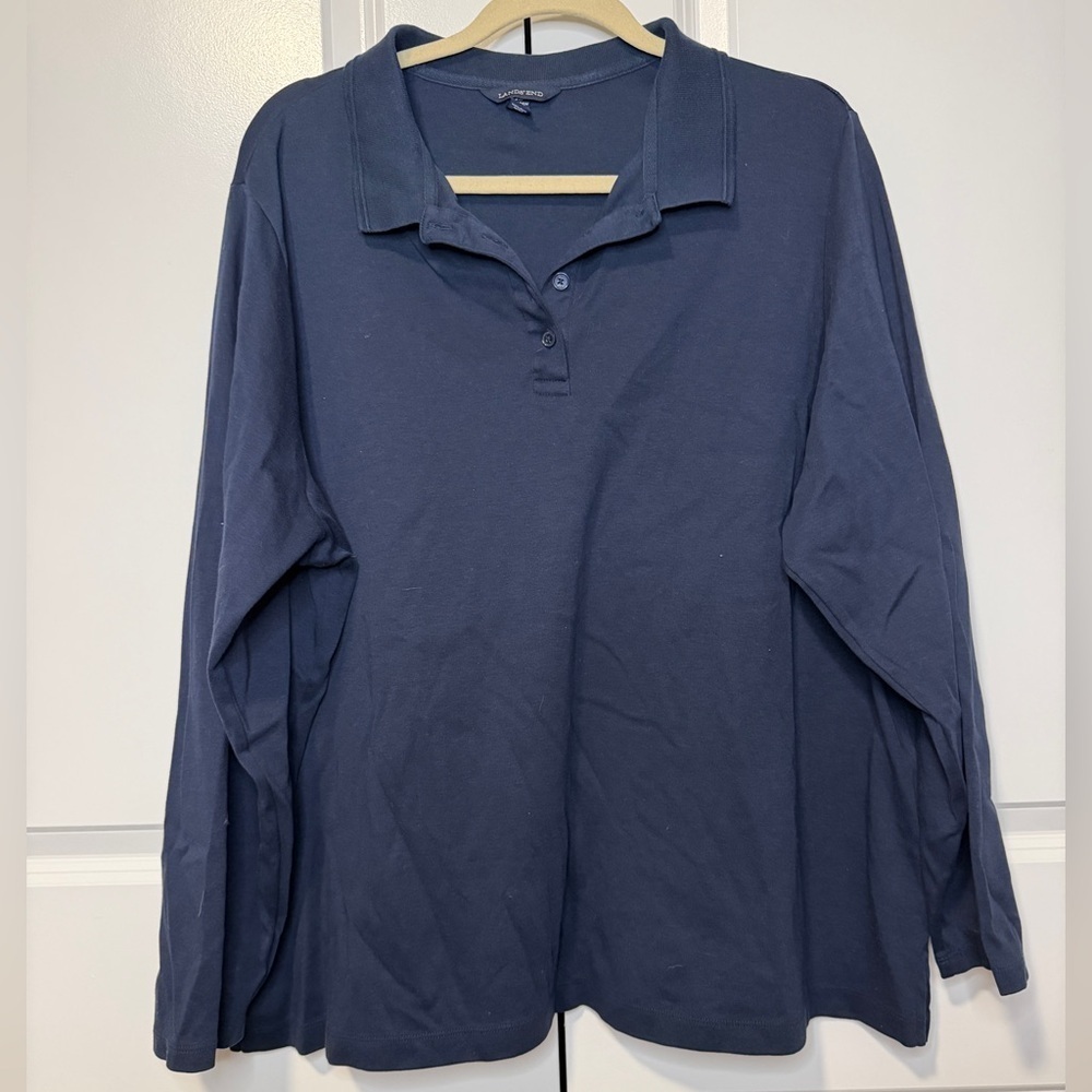 Lands’ End Navy Long Sleeve Polo Top Women’s 3X Classic Fit Cotton